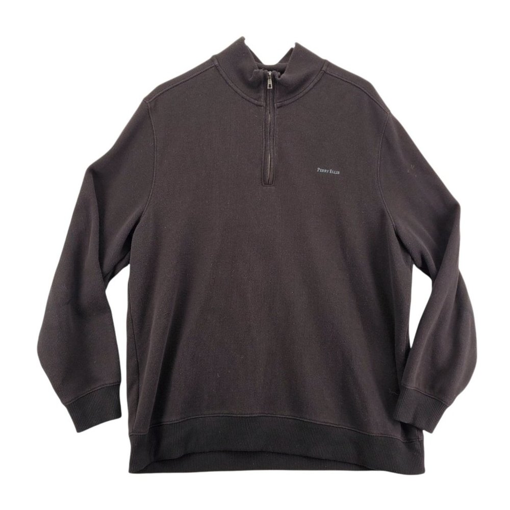Perry Ellis Sweater Men's Long Sleeve 1/4 Zip Mock Neck Pullover Brown XL